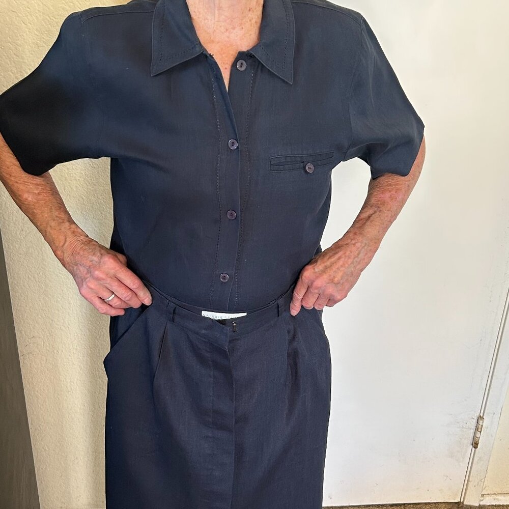 navy blue, button-down dress skirt with matching top.